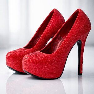 Bordello Red Rhinestone TEEZE Platform Stiletto Heels Size 7